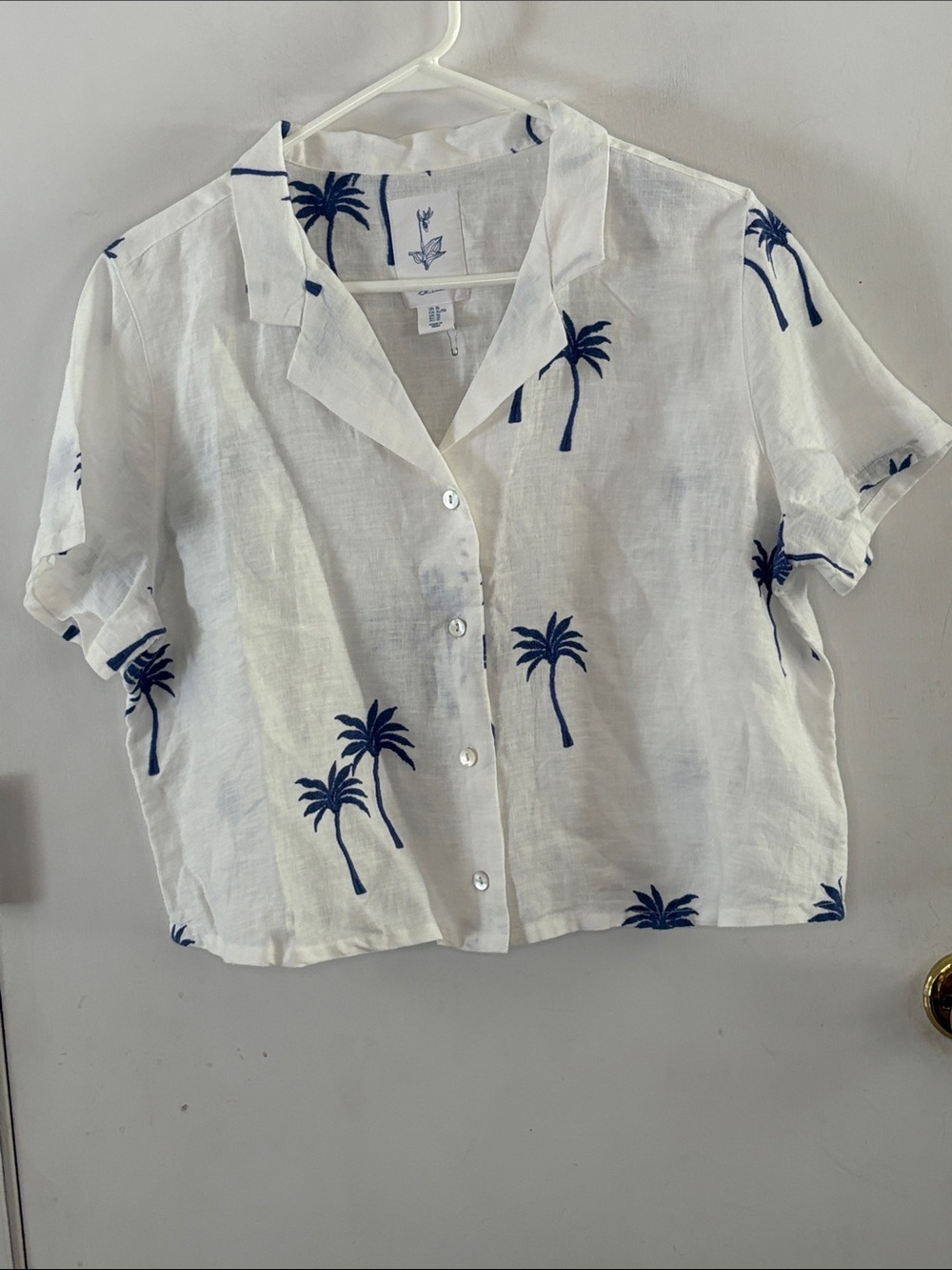 Calypso St. Barth white short sleeve linen top blue embroidered palm trees Sz XL